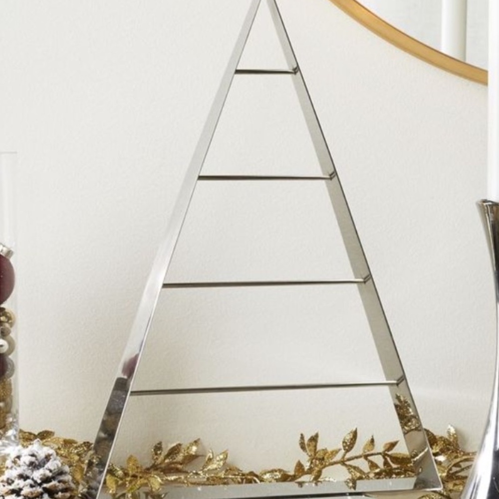 New Crate & Barrel Chalet Ornament Tree Small Shiny Silver Metal 16x11